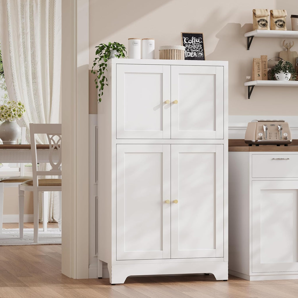 43' H Small Storage Cabinets,Metal White Pantry Cabinets with Doors,Food Pantry Cabinet with 4 Doors and Shelves for Kitchen Dining Room