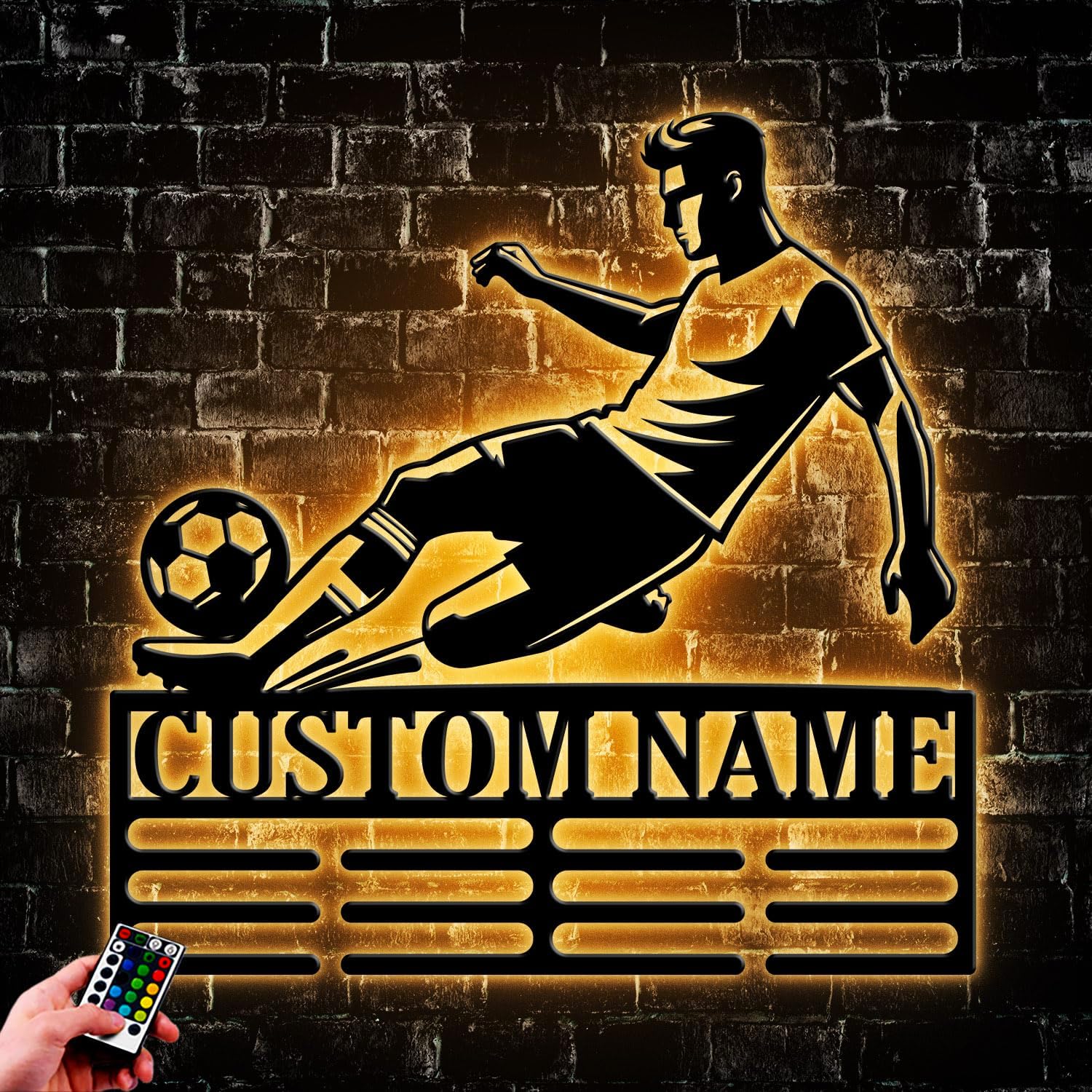 Custom Soccer Medal Holder LED Light, Soccer Player Name Medal Hanger Display, Rack For Tiered Award Ribbon, Metal Sign Gift For Athlete Artwork
