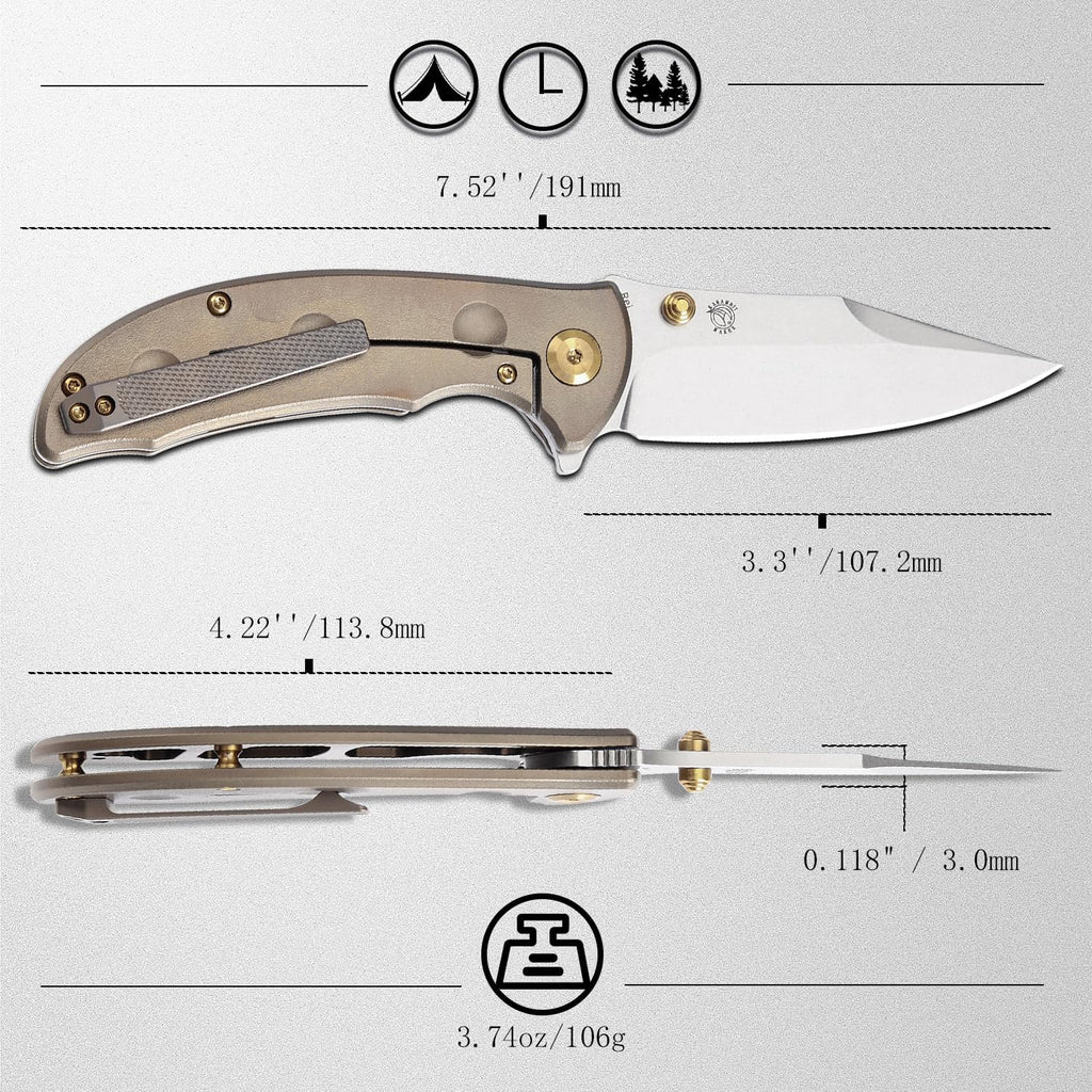 KANSEPT Rei Premium Pocket Folding Knives for Men EDC Pocket Knife 3.3'' CPM 20CV Blade Excellent Folding Knife with Orange Peel Bronze Anodized Titanium Handle EDC K1061A2