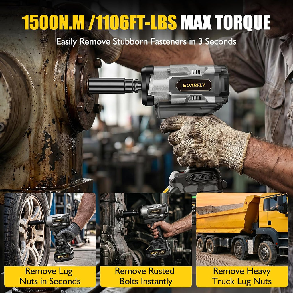 SOARFLY 1/2' Cordless Impact Wrench, 1500N.m (1106 Ft-Lbs) High Torque, 21V Brushless Impact Gun with 2x 4.0Ah Batteries, Variable Speed, LED Light, 5 Sockets for Truck RV Car Heavy Construction