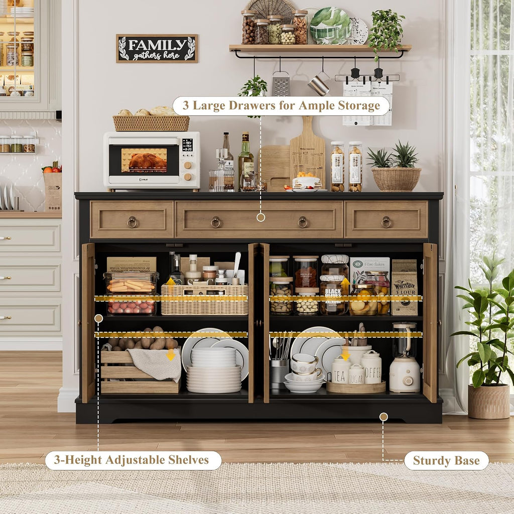 FINETONES Buffet Cabinet with Storage, 52.7' Large Sideboard Buffet Table, Kitchen Cabinet with 3 Drawers and 4 Doors, Wood Coffee Bar for Kitchen Dining Room, Black/Brown