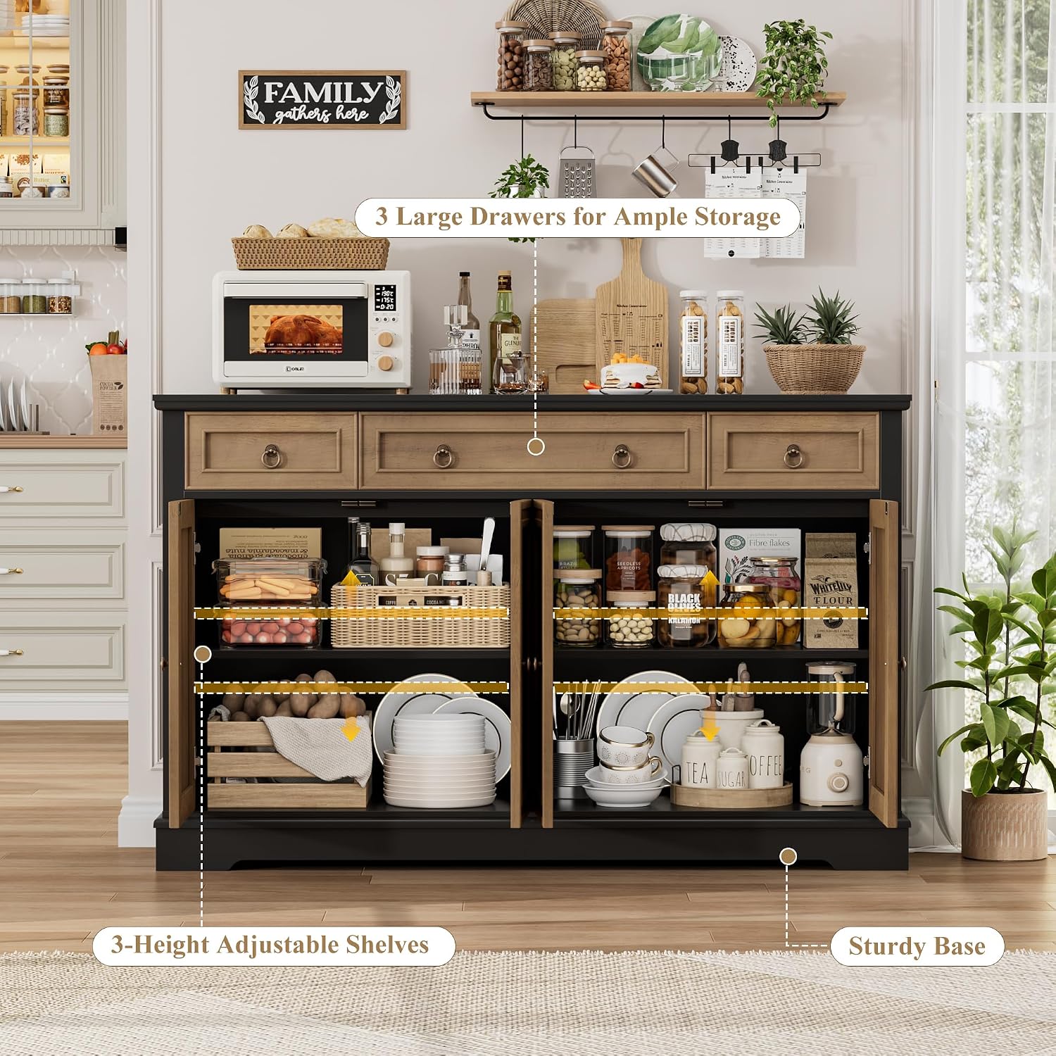 FINETONES Buffet Cabinet with Storage, 52.7' Large Sideboard Buffet Table, Kitchen Cabinet with 3 Drawers and 4 Doors, Wood Coffee Bar for Kitchen Dining Room, Black/Brown