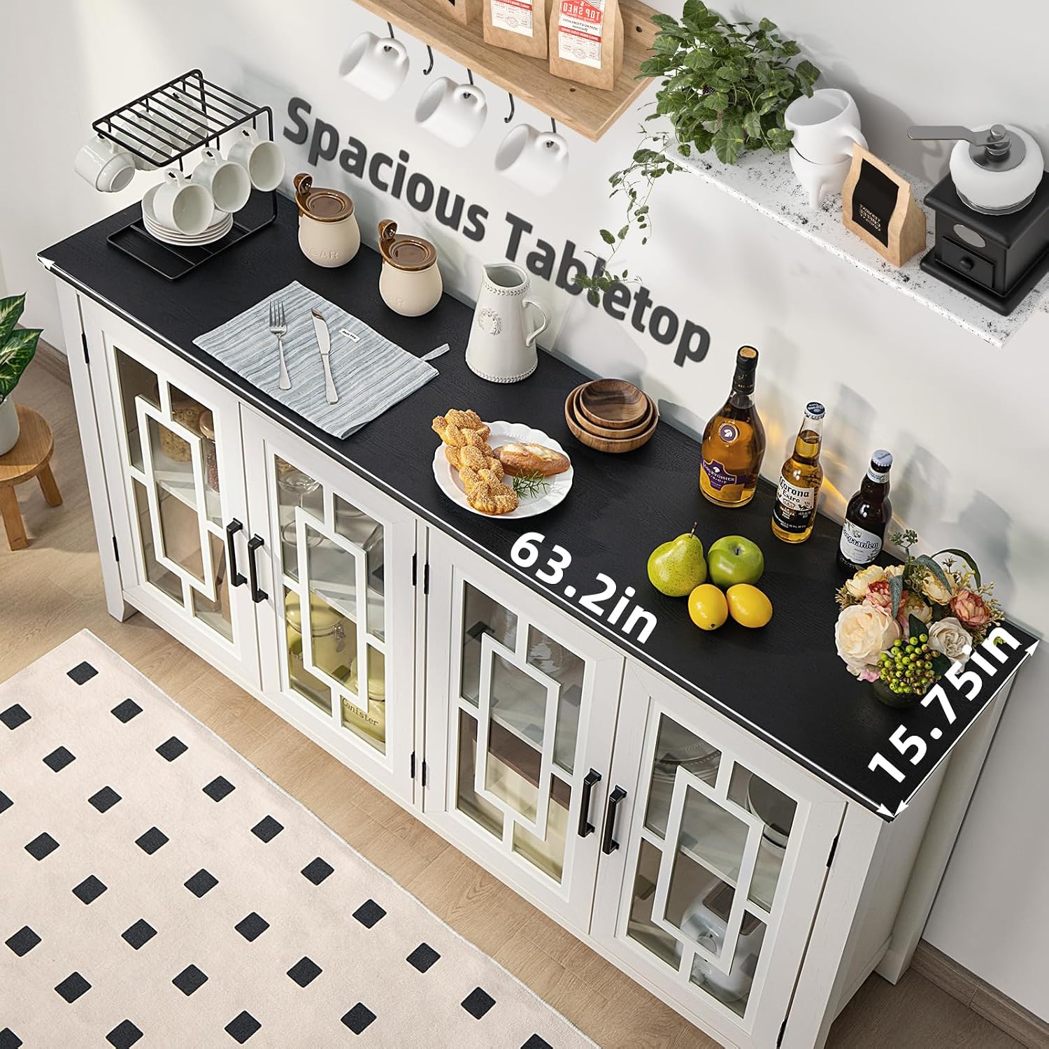 Joaxswe Large Sideboard Buffet Cabinet with Storage, 63' Farmhouse White Kitchen Coffee Wine Bar Cabinet with 4 Glass Doors, Wood Mid Century Modern Side Board Table for Dining Room, Living Room