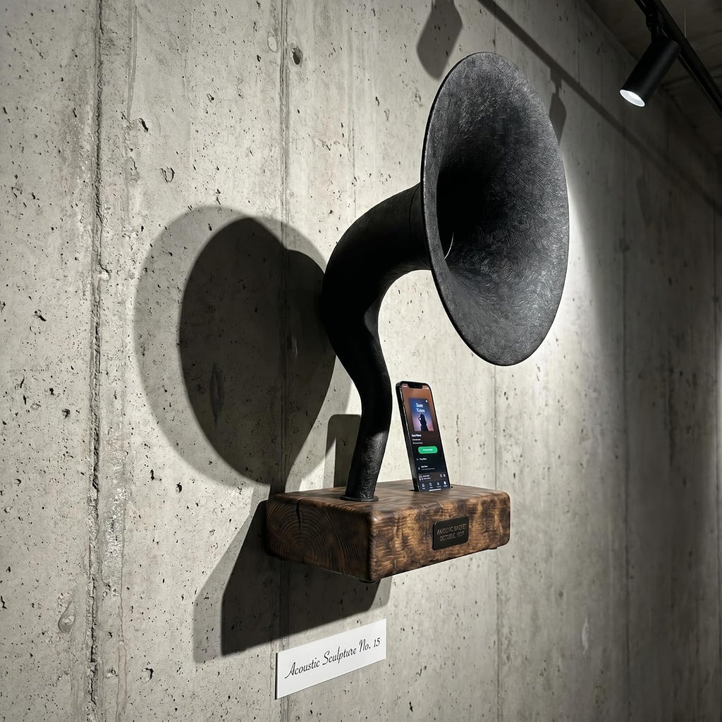 Handmade Acoustic Phone Speaker, Gramophone Phone Amplifier, Vintage Passive Speaker for Home Decor, Office Furniture Gift, Unique Handmade Smart Phone Dock - 15' Aged Oak & Cast Black