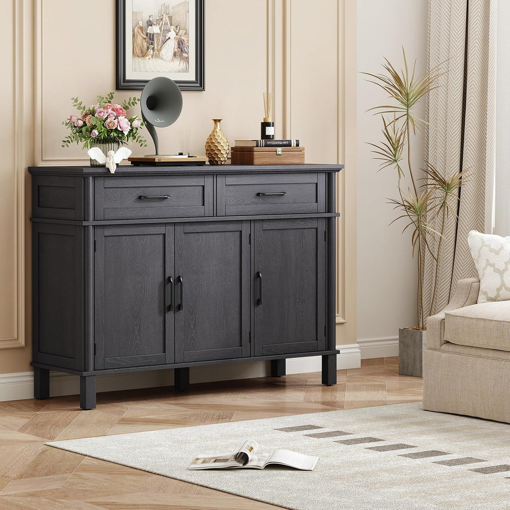ONBRILL 48 Inches Buffet Cabinet with Storage, Farmhouse Sideboard Buffet w/2 Drawers and 3 Doors, Wood Coffee Bar Cabinet with Adjustable Shelves, Sideboard Storage for Kitchen, Living Room, Black