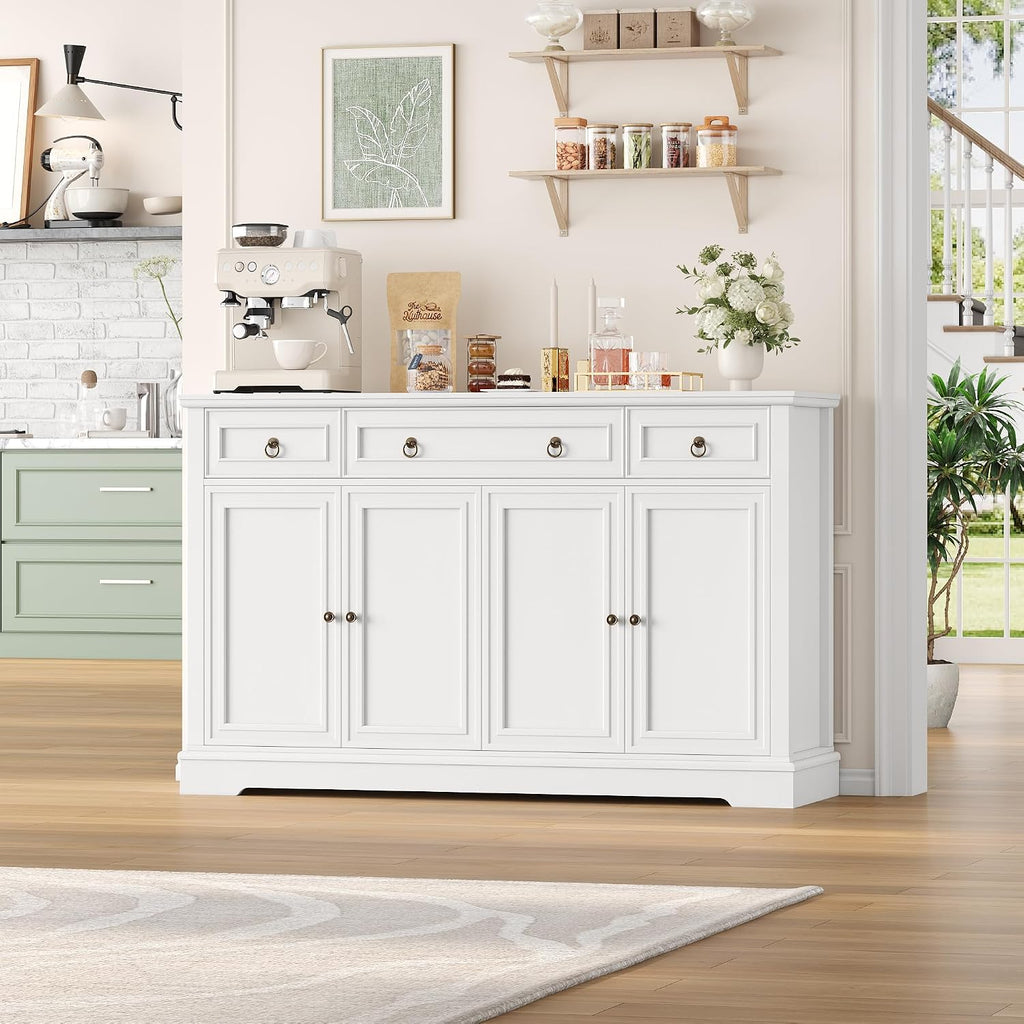 FINETONES Buffet Cabinet with Storage, 52.7' Large Sideboard Buffet Cabinet, White Kitchen Cabinet with 3 Drawers and 4 Doors, Wood Coffee Bar for Kitchen Dining Room, White
