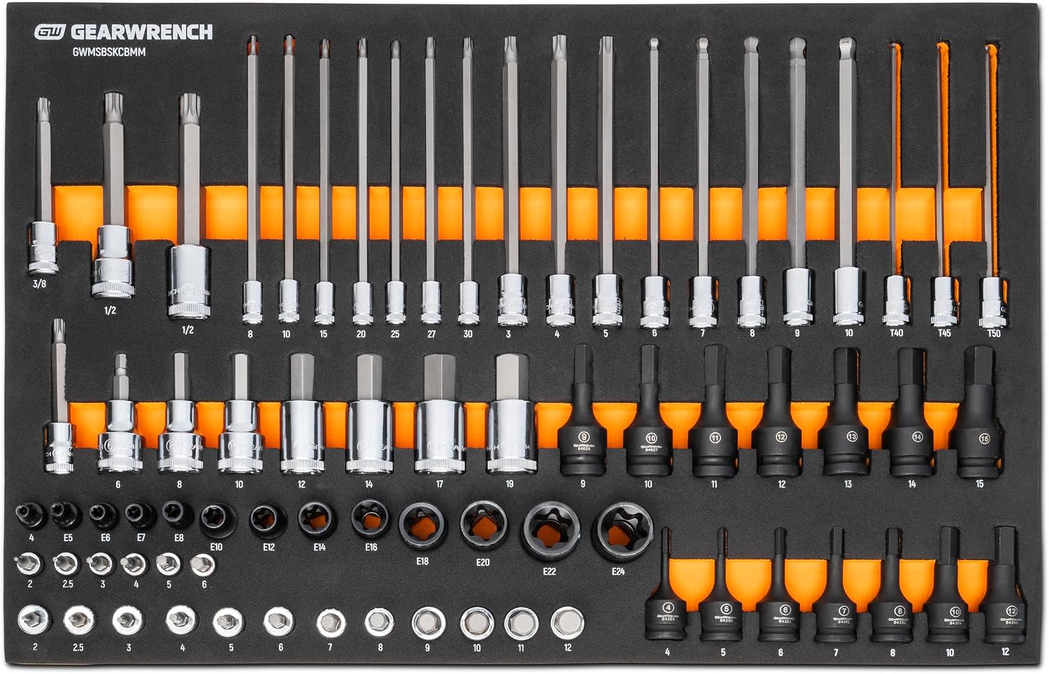 GEARWRENCH 74 Piece 1/4', 3/8', 1/2' Drive Metric Bit Socket Set in Foam Storage Tray - GWMSBSKCBMM
