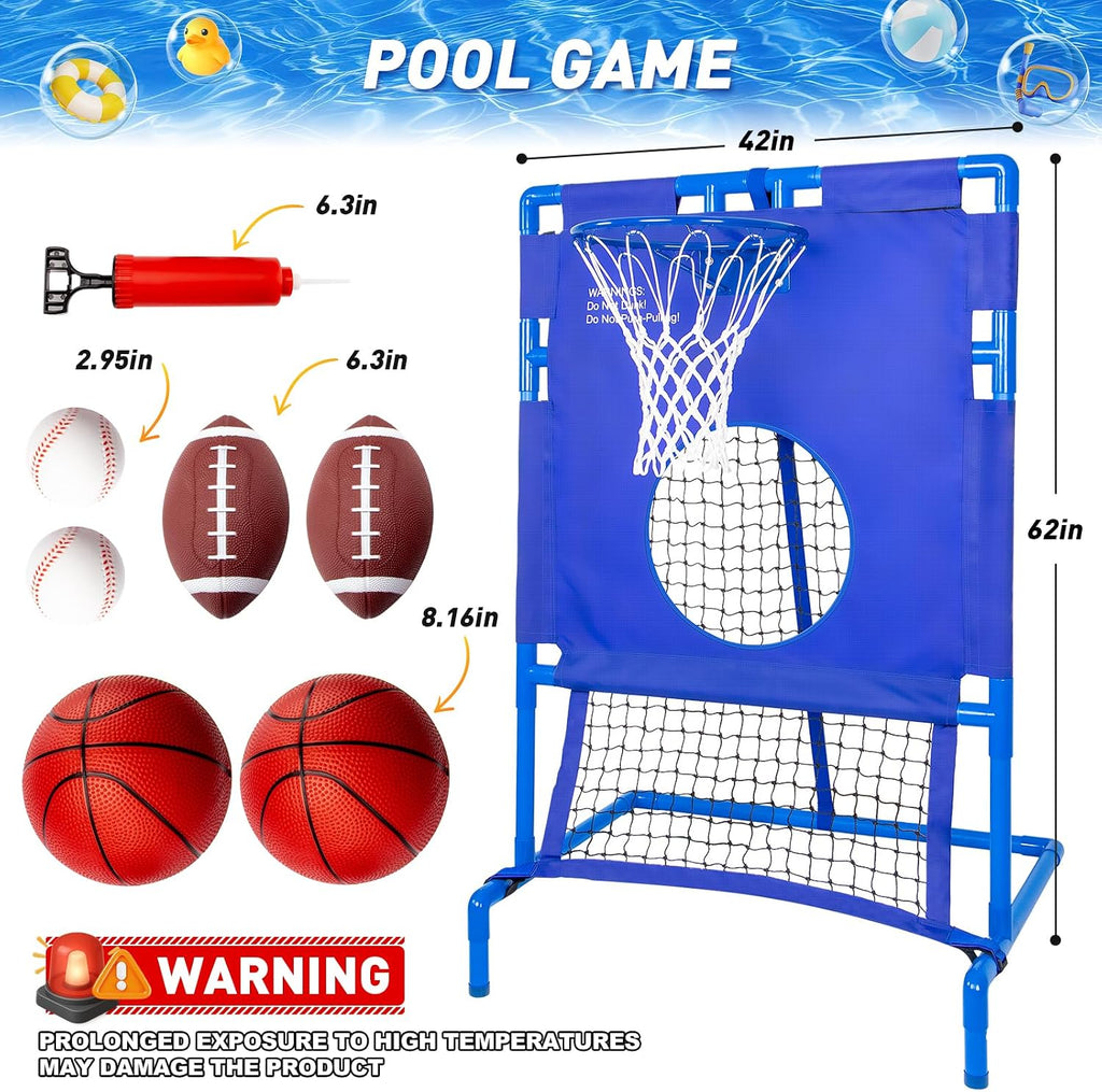 Pool Basketball Hoop ＆ Football Target Net 2-in-1 Set, for Various Fun Game, 6 Balls Included, Settle Your Summer Party