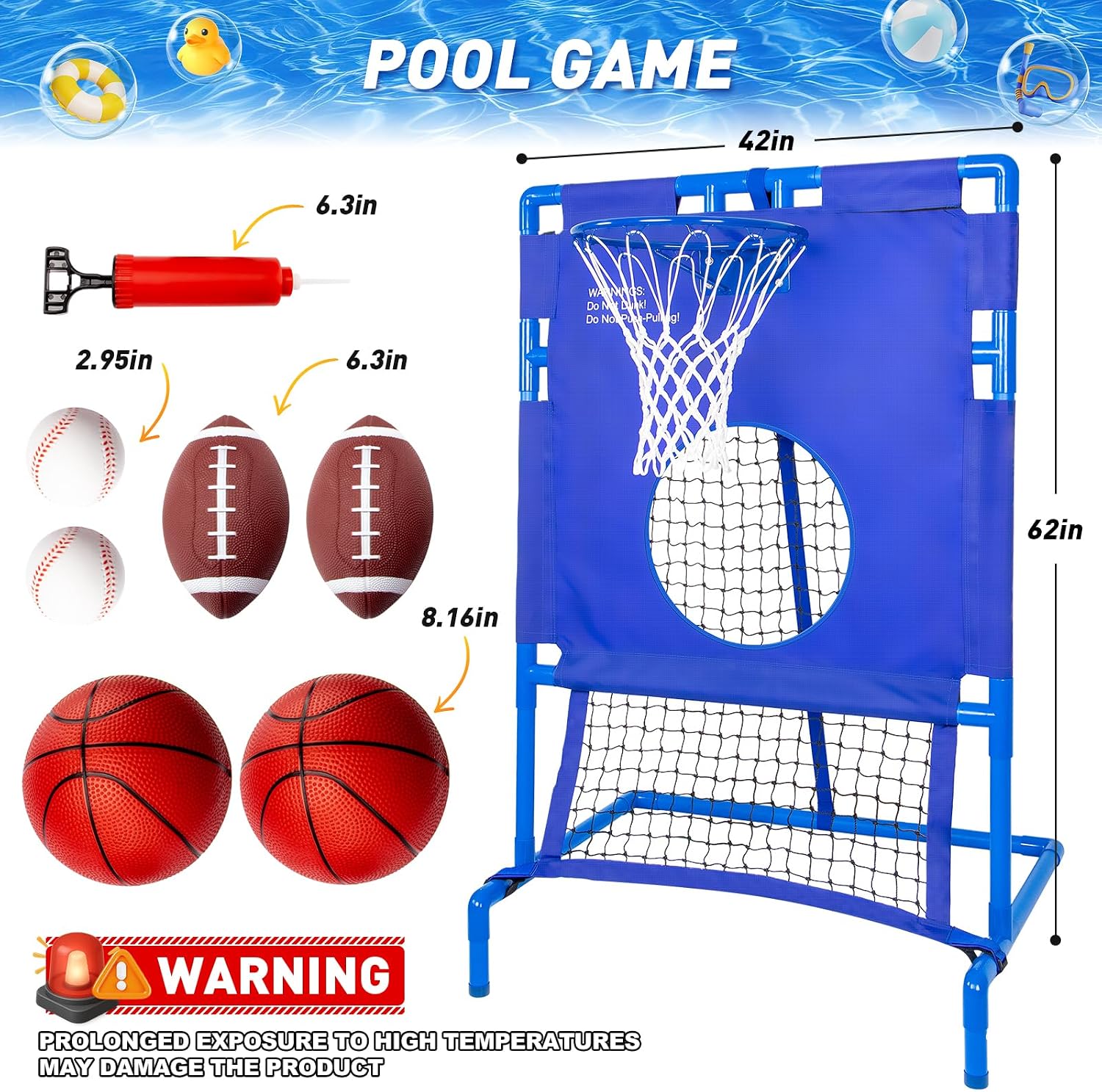 Pool Basketball Hoop ＆ Football Target Net 2-in-1 Set, for Various Fun Game, 6 Balls Included, Settle Your Summer Party