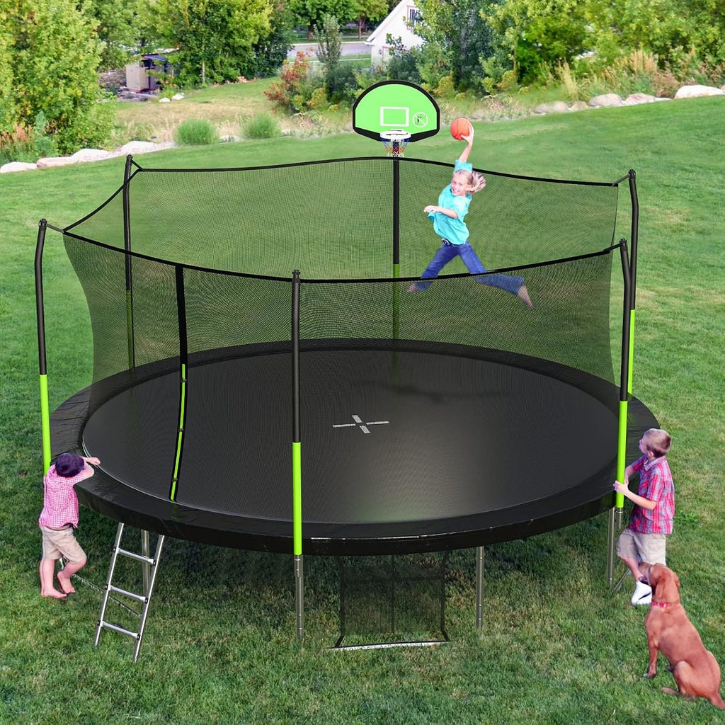 SKOK 14FT Trampolines with Net, 400LBS Outdoor Trampolines for Kids with Basketball Hoop -ASTM Approved Trampoline for Children and Adults