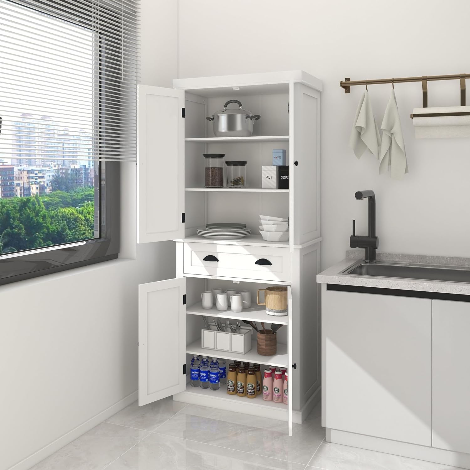 72' 4-Door Freestanding Storage Cabinet, Kitchen Storage Bakers Rack with Carved Design, Utility Food Cupboard with Adjustable Shelf for Kitchen Dining Laundry Room, White