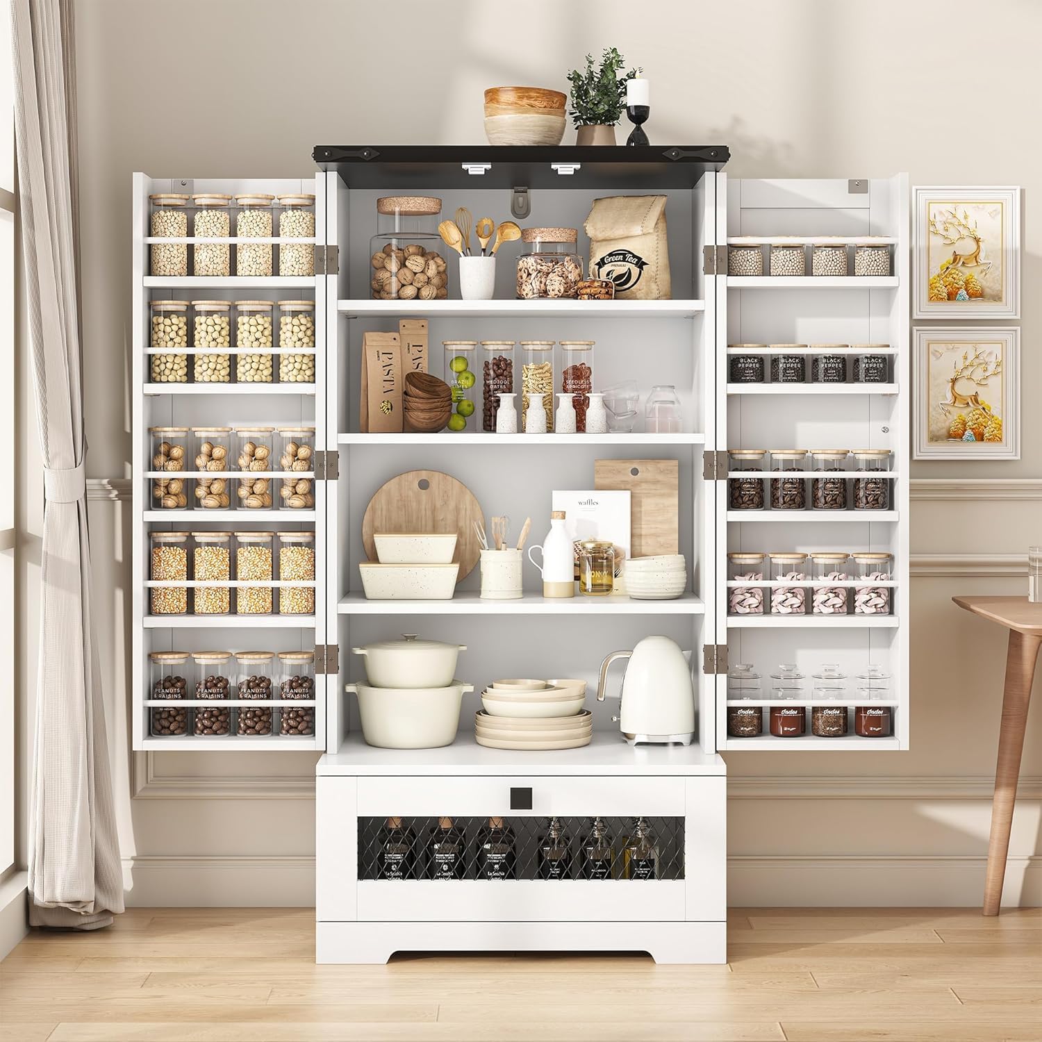 kepptory Farmhouse Pantry Cabinet with Barn Door & Adjustable Shelves, Freestanding Kitchen Storage Cabinet for Dining Room, Bathroom, Hallway (White)