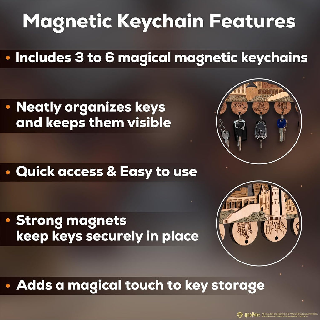 Hogwarts Magnetic Key Holder - Harry Potter 3D Key Holder with Magnetic Keychains - Unique Collectible Wooden Keyholder, Home Decor for Harry Potter Fans (Night Edition, L, 4 Keychains)