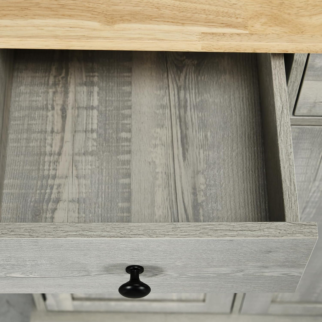 HOMCOM Sideboard Buffet Cabinet with Solid Wood Countertop, Modern Kitchen Storage Cabinet, Coffee Bar Cabinet with 3 Drawers, Doors and Adjustable Shelf, Distressed Light Gray