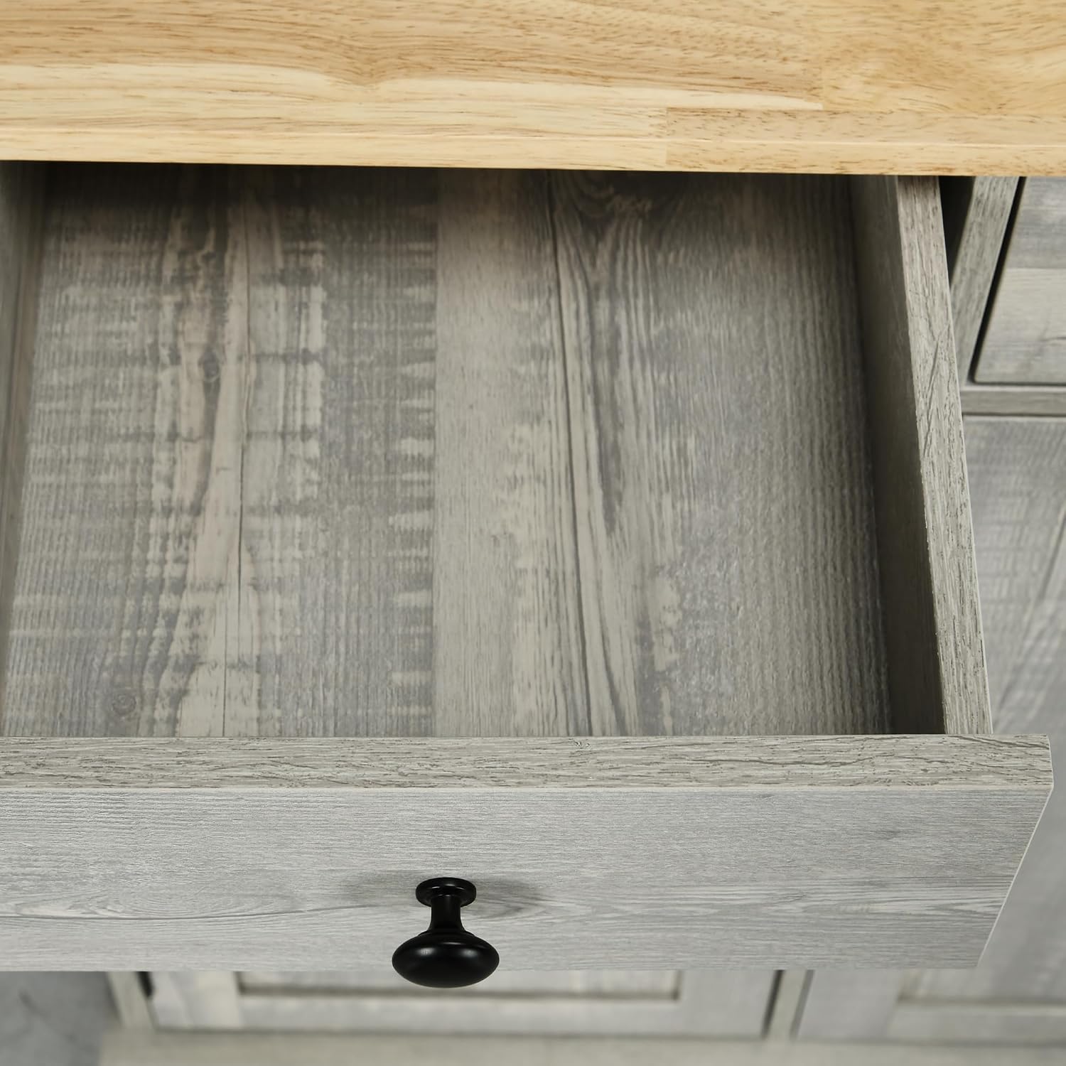 HOMCOM Sideboard Buffet Cabinet with Solid Wood Countertop, Modern Kitchen Storage Cabinet, Coffee Bar Cabinet with 3 Drawers, Doors and Adjustable Shelf, Distressed Light Gray