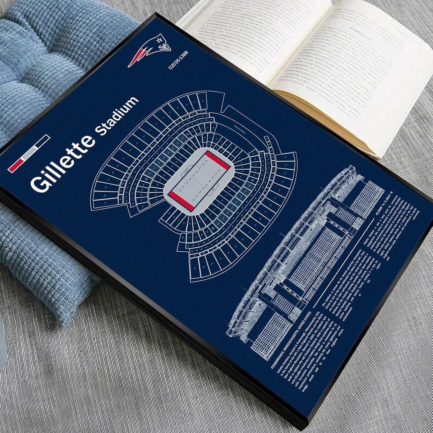 SPASAV (Metal Frame 24'x36') GilletteStadium Stadium Blueprint Canvas Print – New England Detailed Stadium Map Poster, Patriots Fan Decor, Wall Art for Home or Office