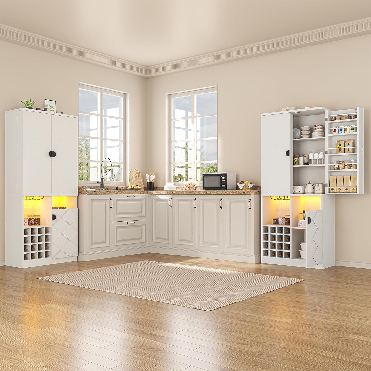 kepptory 72' Tall Kitchen Pantry Storage Cabinet, Freestanding Bar Cabinet with RGB LED Light, White Kitchen Buffet Sideboard with Doors for Dining Room Living Room