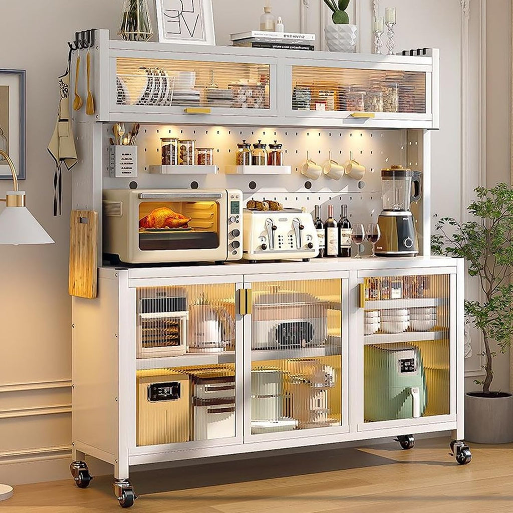 5-Tier Kitchen Storage Cabinet, Microwave Cart with Brakeable Casters, Metal Bakers Rack, DIY Backplane, White, 40.6in - Ideal for Organizing Kitchen Space