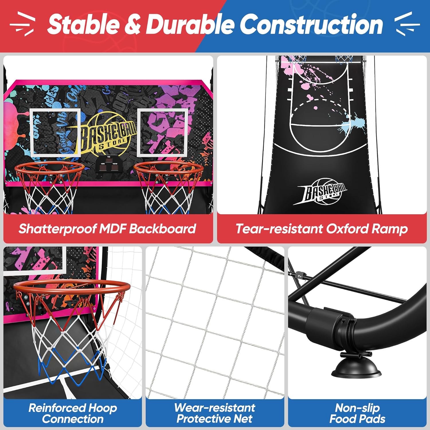 Nova Microdermabrasion Foldable Indoor Basketball Arcade Game Double Shot 2 Player W/ 4 Balls, Electronic Scoreboard and Inflation Pump (Dark Purple)