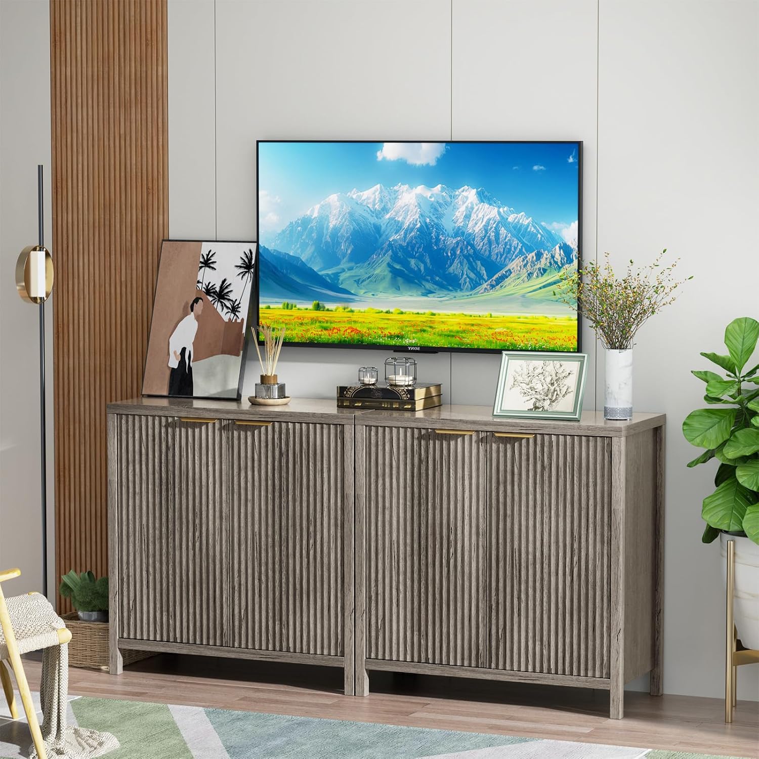 Sideboard Buffet Cabinet Set of 2, 31' Fluted Storage Cabinet with 2 Doors and Adjustable Shelves, Modern Sideboard Console Table for Living Room,Entryway,Dinning Room,Kitchen-Grey