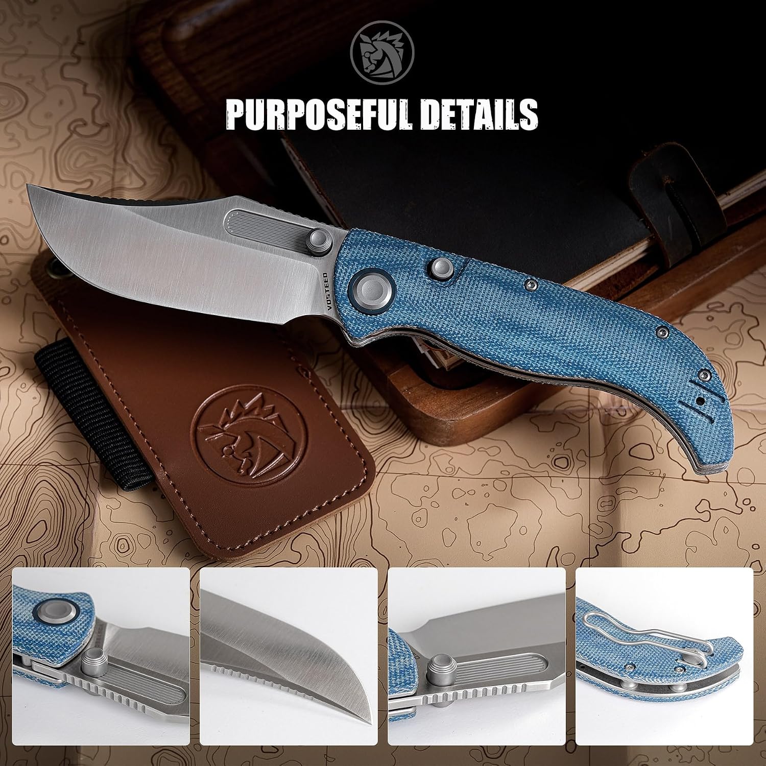 Vosteed Naga EDC Folding Pocket Knife - 3.47' S35VN Satin Blade, Clip Point - Top Liner Lock, Blue Norplex UltreX™ Micarta Handle - Camping, Hiking Knives - A3901