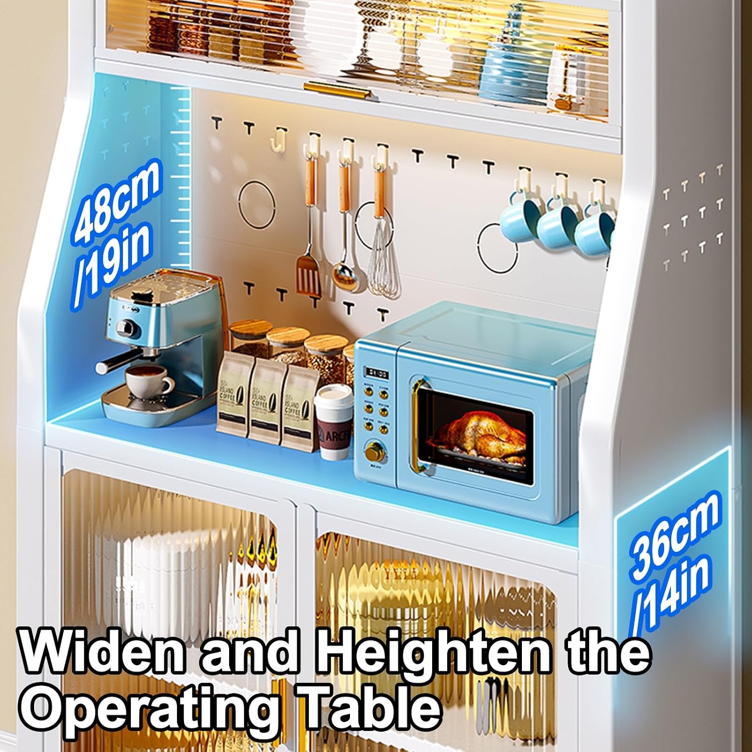 White Bakers Rack with Doors | Free Standing Kitchen Cabinet | Dual Door Microwave Stand | Storage Baker's Rack for Hallway | 66cm/26in Space-Saving Design