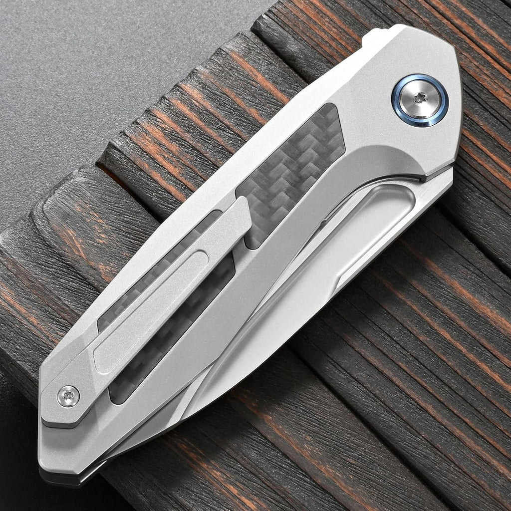Sitivien ST996 Folding Knife,Handmade M390 Pearlescent Polishing Blade,Titanium & Carbon Fiber Handle Pocket Knife for Outdoor Camping,Hiking,Hunting(Gray)