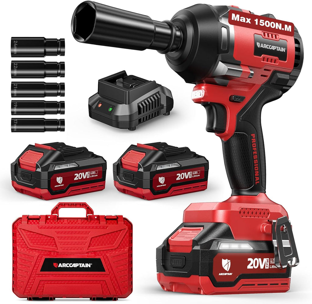 ARCCAPTAIN Cordless Impact Wrench, 1500N.m (1106Ft-lbs) 1/2' High Torque Impact Gun, 15C High-Rate 2x4.0Ah Batteries, 20V Power Impact Driver, Supports Up to 40mm Socket for Heavy Truck/Car/Pickup