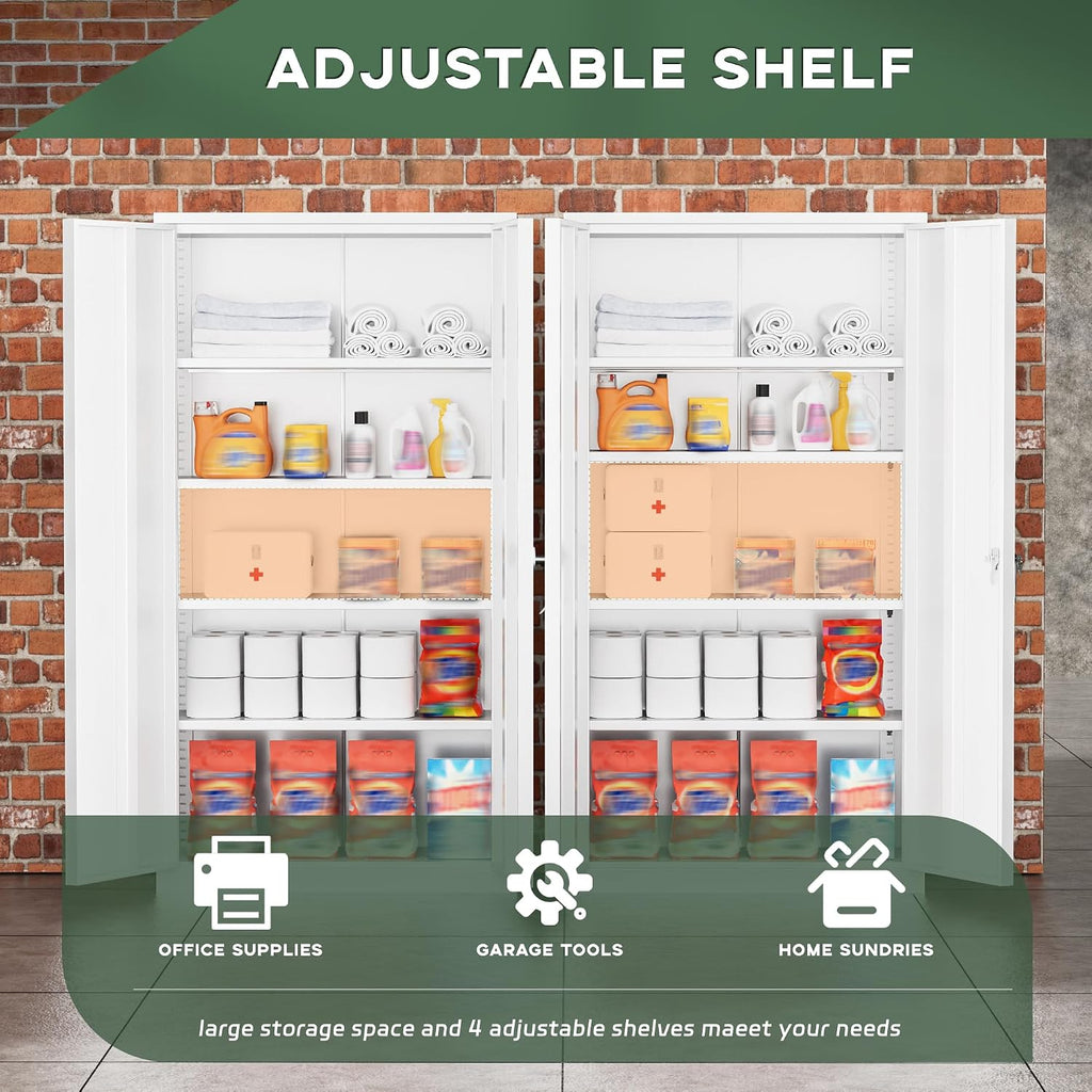 Greenvelly Metal Garage Storage Cabinet with 2 Doors & Adjustable Shelves, 72' Lockable Steel Tool Cabinet - White - (36' W x 18' D)