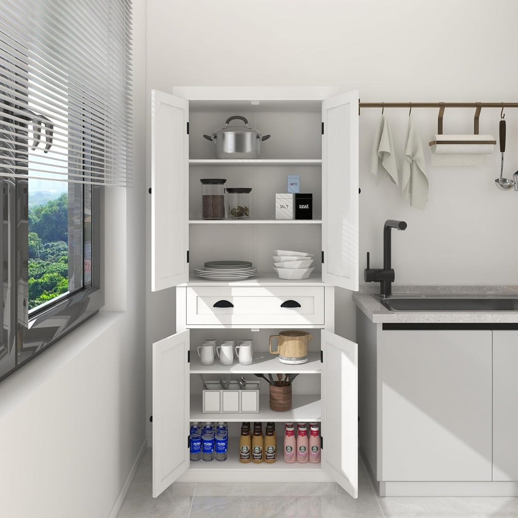 72' 4-Door Freestanding Storage Cabinet, Kitchen Storage Bakers Rack with Carved Design, Utility Food Cupboard with Adjustable Shelf for Kitchen Dining Laundry Room, White