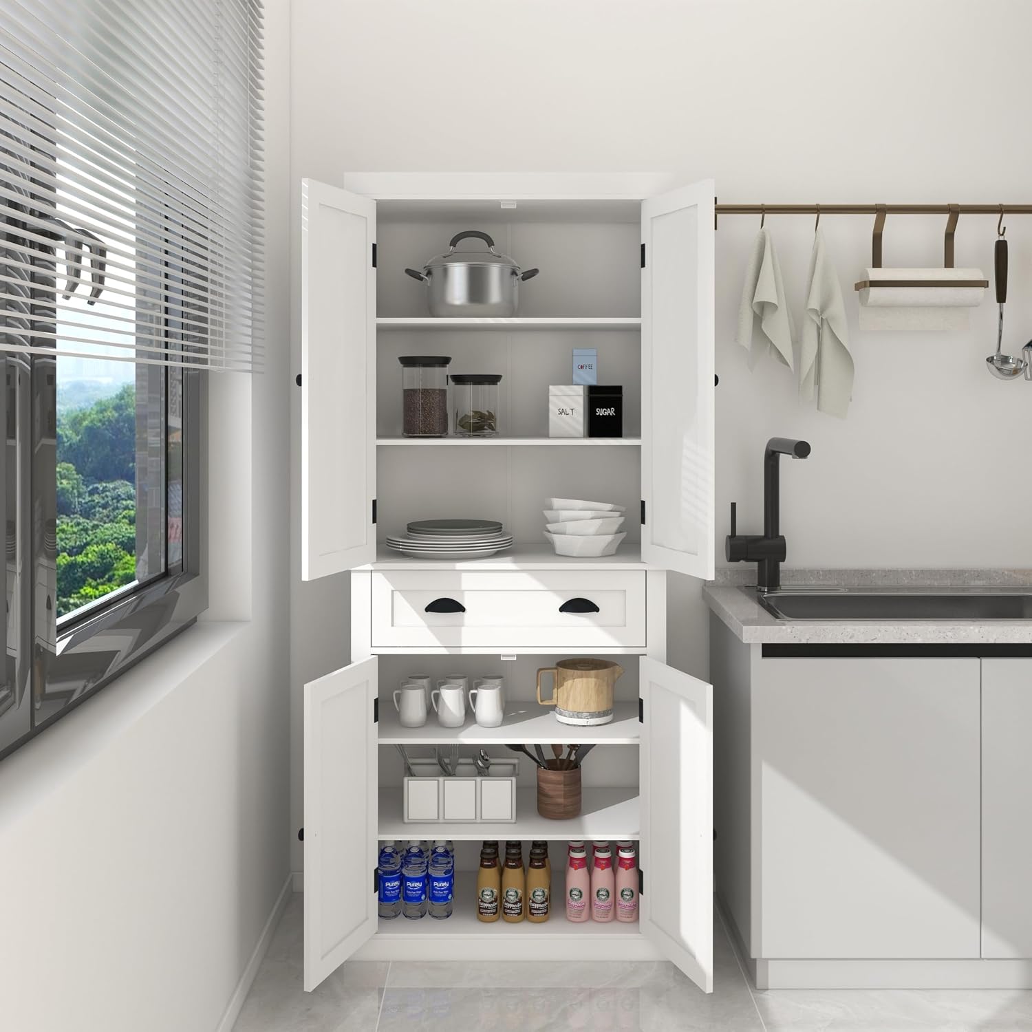 72' 4-Door Freestanding Storage Cabinet, Kitchen Storage Bakers Rack with Carved Design, Utility Food Cupboard with Adjustable Shelf for Kitchen Dining Laundry Room, White