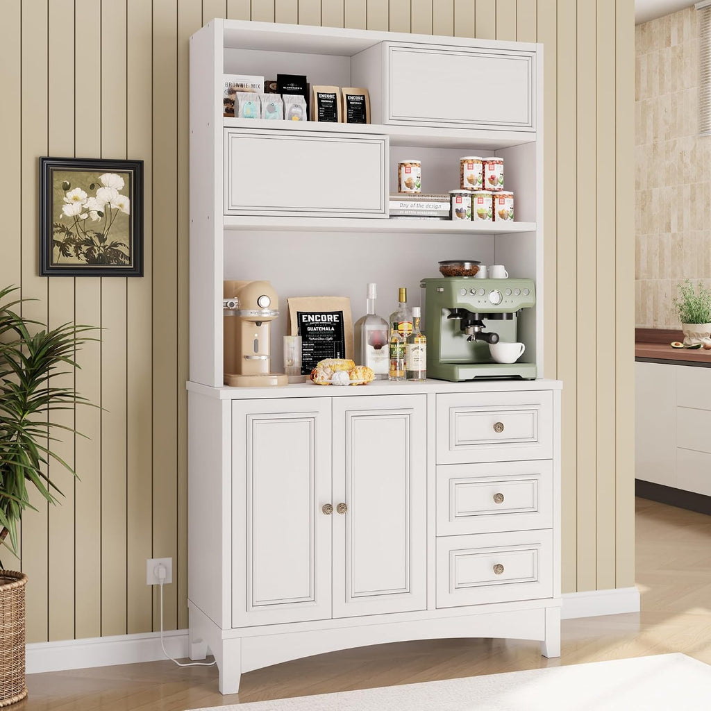 BLANKSPACE 71' Tall Kitchen Pantry Cabinet with Microwave Shelf Built-in Charging Station, Sliding Door Cabinet with Drawer Storage Organizer/Adjustable Shelves for Dining Room, Living Room