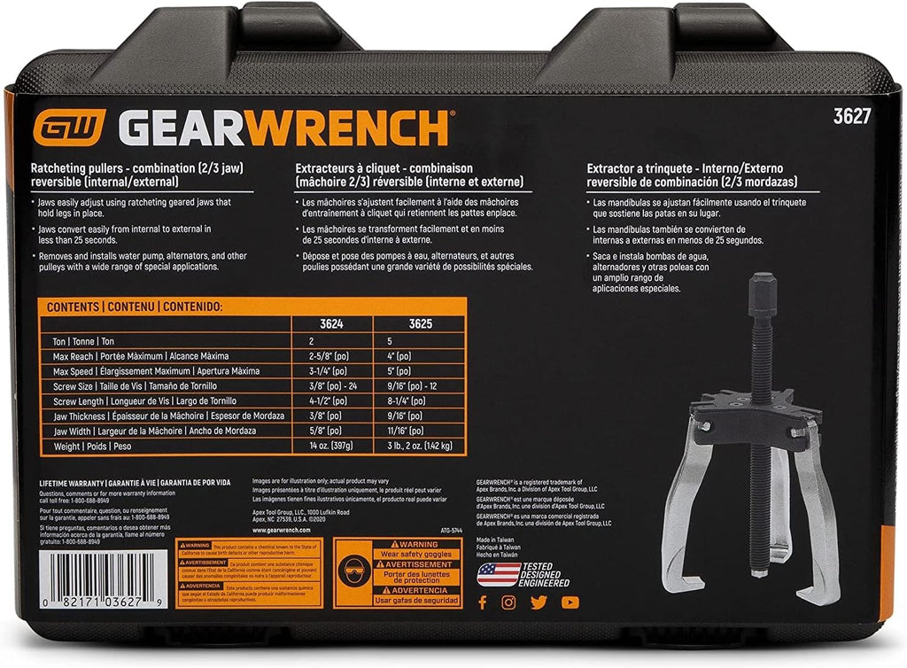 GEARWRENCH 2 or 3 Jaw Internal/External Ratcheting Puller Set, 2 and 5 Ton - 3627 (Pack of 6)