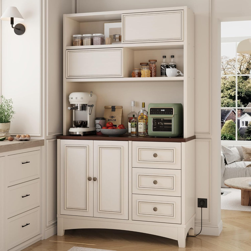 BLANKSPACE 71' Tall Kitchen Pantry Cabinet with Microwave Shelf Built-in Charging Station, Sliding Door Cabinet with Drawer Storage Organizer/Adjustable Shelves for Dining Room（Antique White）