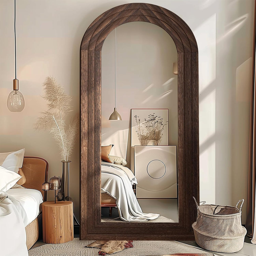 ZHUNFA Arched Full Length Mirror with Solid Wood Frame, 71x32 Farmhouse Wall Mounted Floor Mirror with Stand, Vertical Hanging, Leaning Standing for Bedroom, Living Room, Brown
