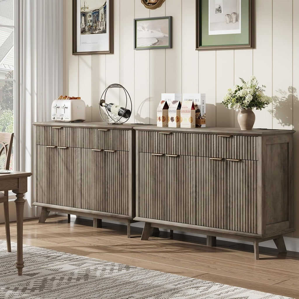 QUW Fluted Buffet Sideboard Cabinet with Storage, 47.2' Kitchen Cabinet with Drawers and Adjustable Shelves, Modern Coffee Bar with Charging Station, for Dining Room, Living Room, Grey