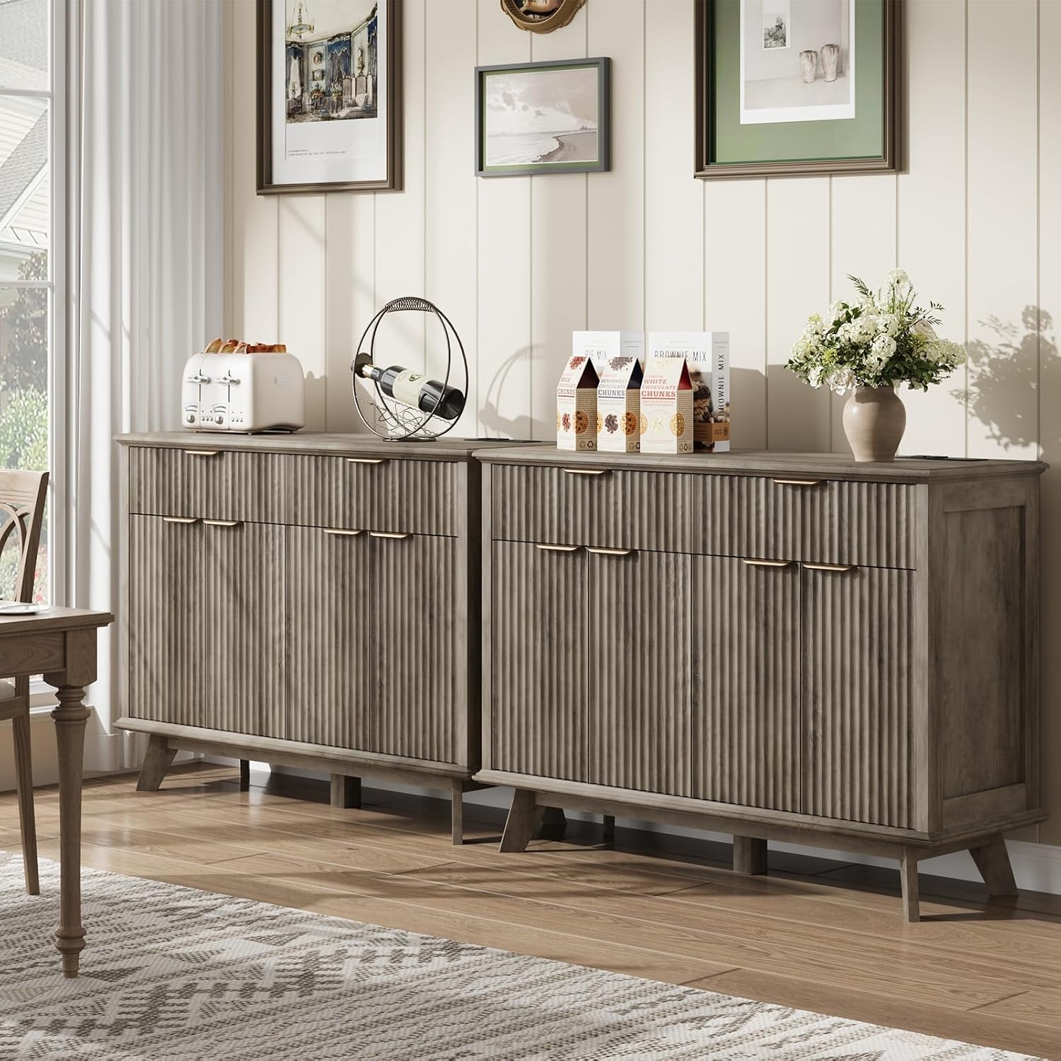 QUW Fluted Buffet Sideboard Cabinet with Storage, 47.2' Kitchen Cabinet with Drawers and Adjustable Shelves, Modern Coffee Bar with Charging Station, for Dining Room, Living Room, Grey