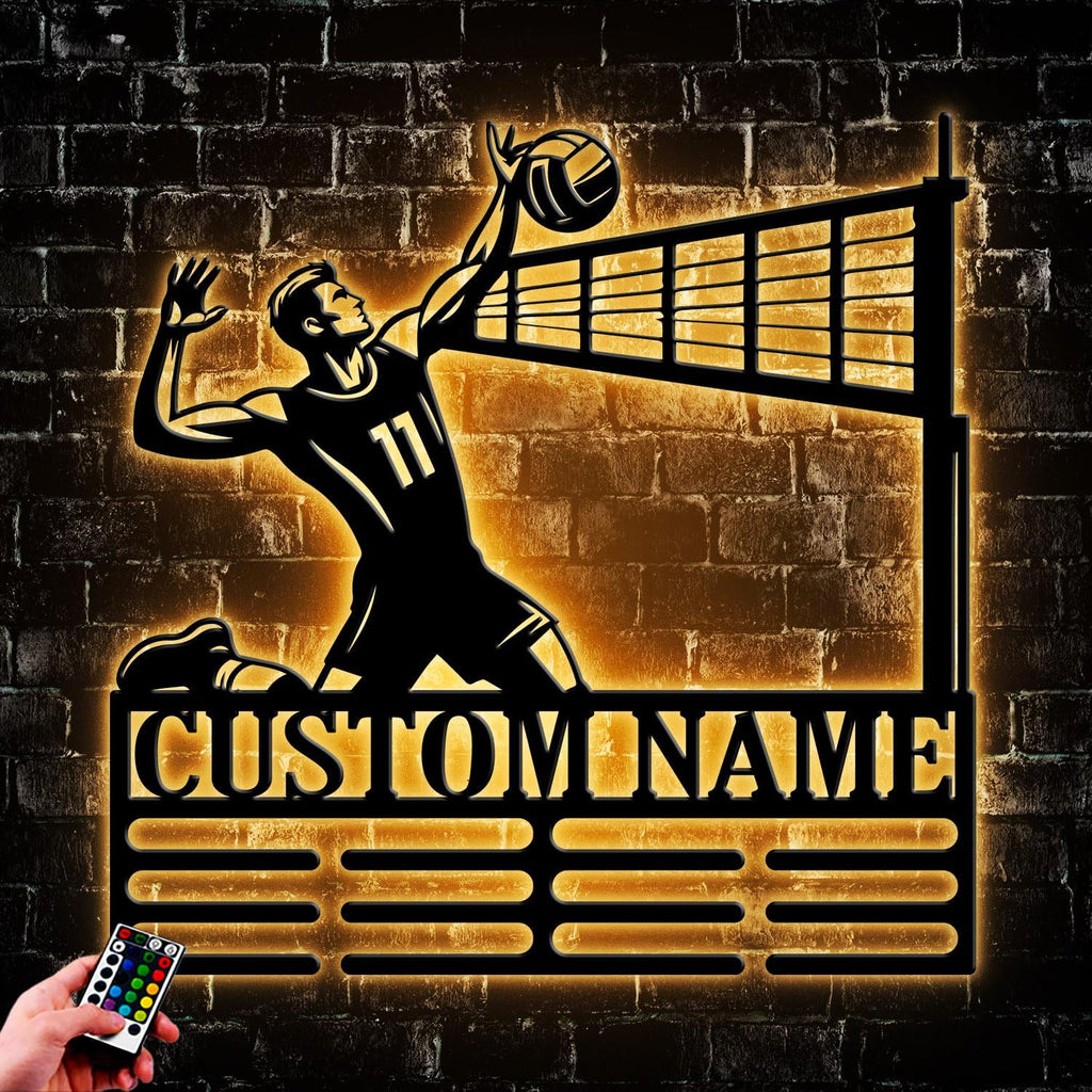 Custom Volleyball Medal Holder LED Light, Volleyball Player Name Medal Hanger Display, Rack For Tiered Award Ribbon, Metal Sign Gift For Athlete Artwork