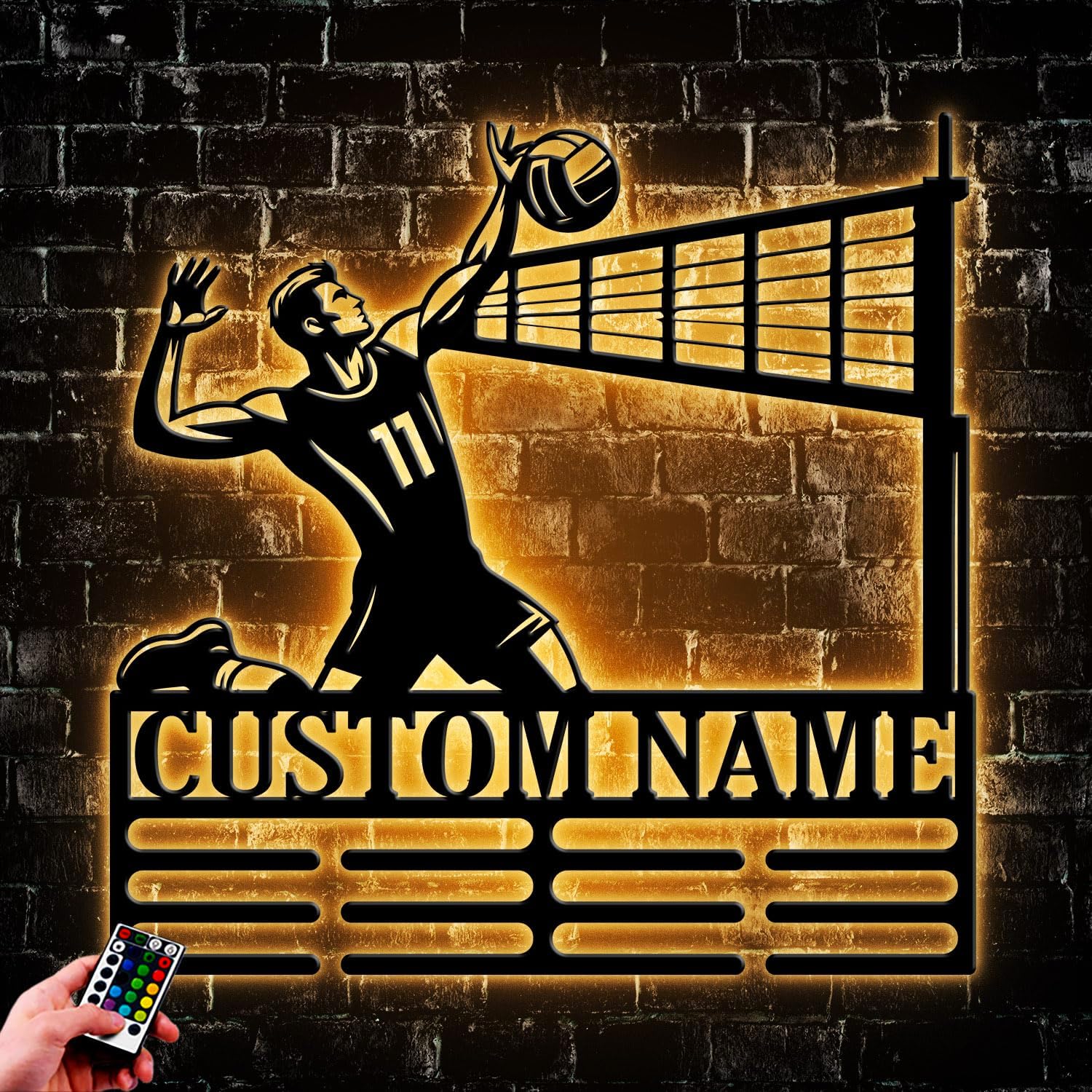 Custom Volleyball Medal Holder LED Light, Volleyball Player Name Medal Hanger Display, Rack For Tiered Award Ribbon, Metal Sign Gift For Athlete Artwork