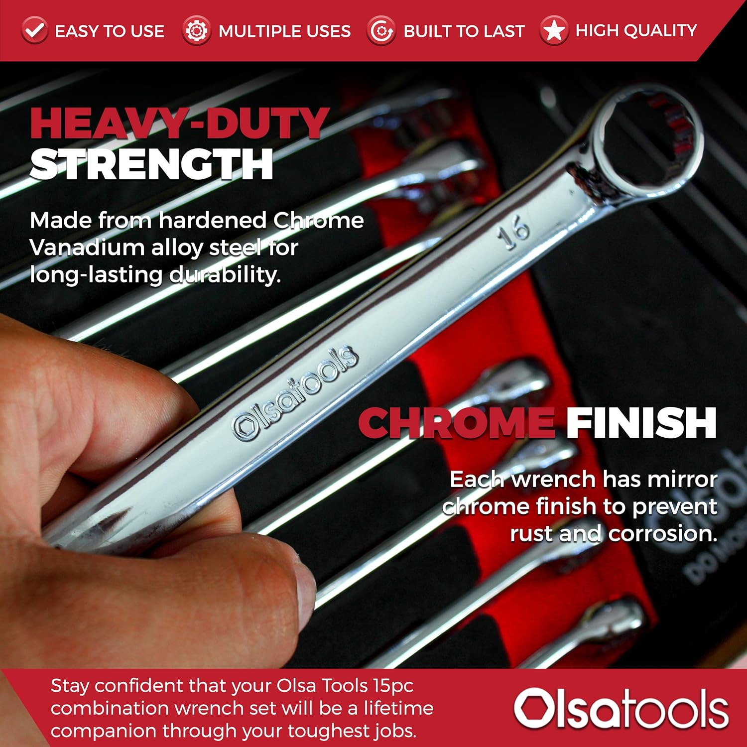 Olsa Tools 15 Pcs Metric Combination Wrench Set, Sizes 8-22mm, Unbreakable, Chrome Vanadium Steel, Polycarbonate