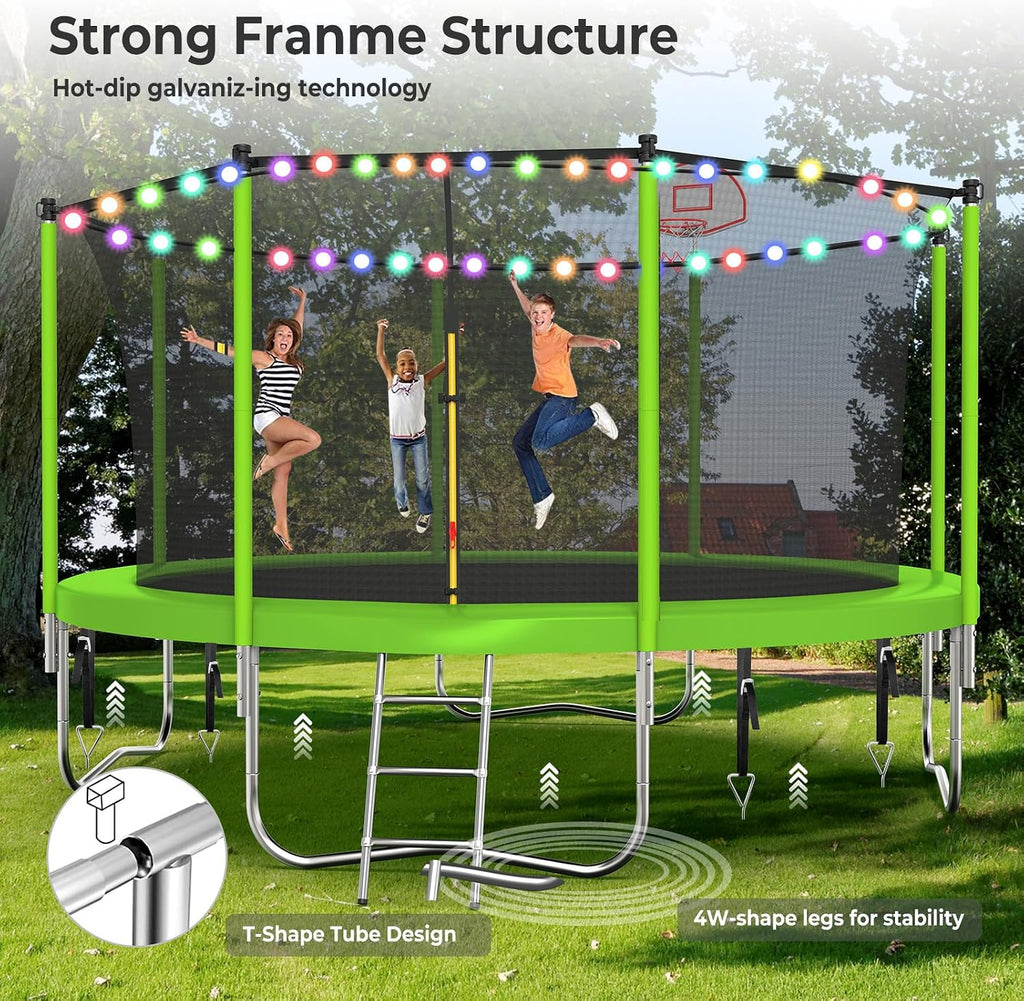 Lyromix Upgraded Trampoline with Lights, Large Outdoor Trampoline with Sprinkler,Basketball Hoop and Net, Capacity for 5-8 Kids and Adults