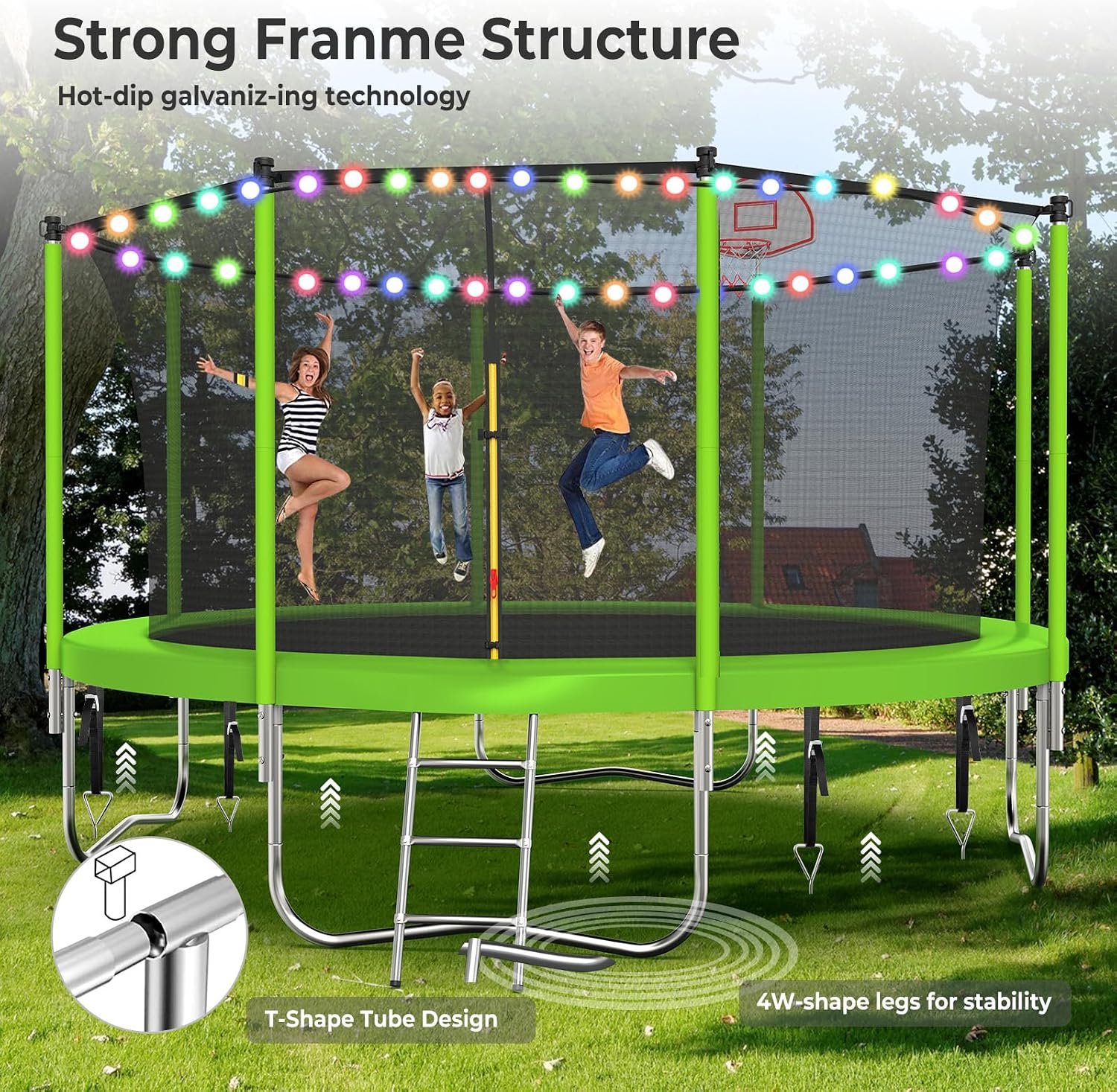 Lyromix Upgraded Trampoline with Lights, Large Outdoor Trampoline with Sprinkler,Basketball Hoop and Net, Capacity for 5-8 Kids and Adults