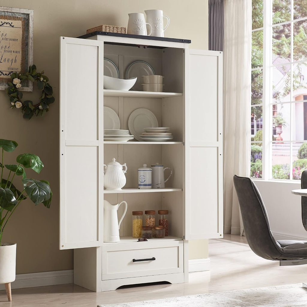 72' Tall Wood Storage Cabinet, Farmhouse Kitchen Pantry Cabinet with Adjustable Shelves & Drawer & Barn Doors, Versatile Storage for Kitchen, Dining Room, Bathroom, Antique White