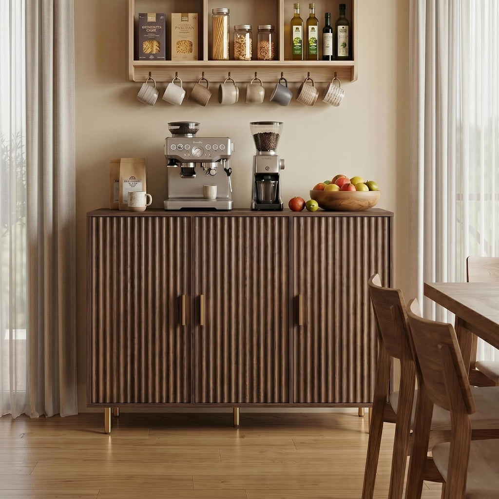 DIYART Rustic Brown Sideboard Buffet Cabinet, Accent Coffee Bar Cabinet with 3 Doors, Entryway Cabinet for Living Room, Kitchen, Hallway