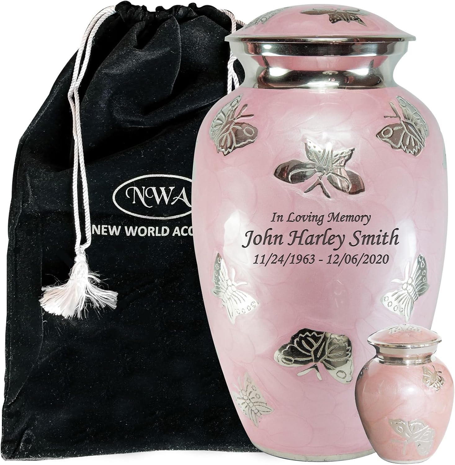 Pink Butterfly Cremation Urn for Human Ashes, Large Funeral Urn with Matching Keepsake and Personalized Engraving