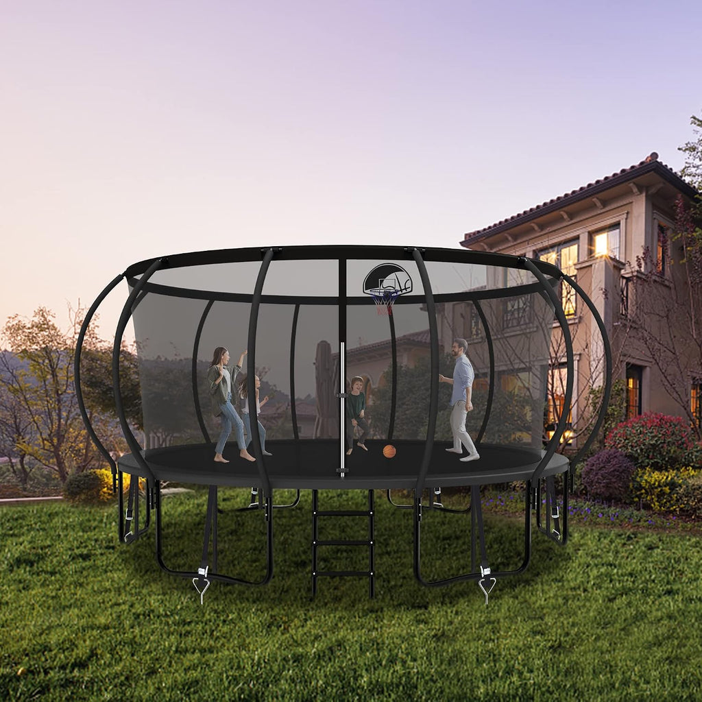 1500LBS Capacity No-Gap Design 8 10 12 14 15 16 FT Recreational Jumper with Enclosure Net, Wind Stakes & Basketball Hoop, ASTM Approved, Perfect for Kids & Adults Family Outdoor Backyard Fun