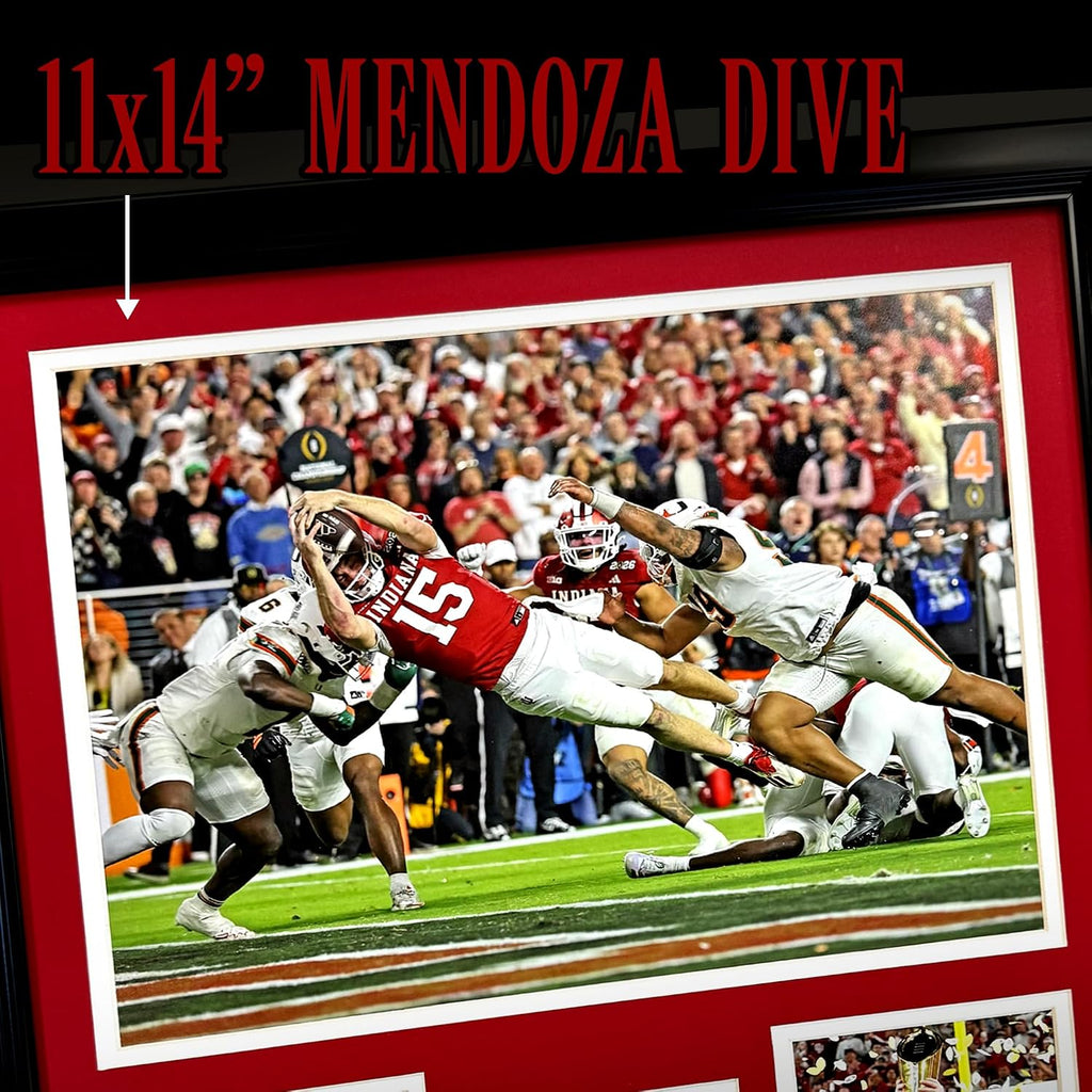 Indiana Hoosiers | 2025 CFP National Champions | Collectible Hoosier Football Memorabilia | Framed Picture & Photo Collage Gift, Man Cave Wall Art, Home & Room Decor | 2 Sizes & 2 Styles (Mendoza Dive, 18'x22')