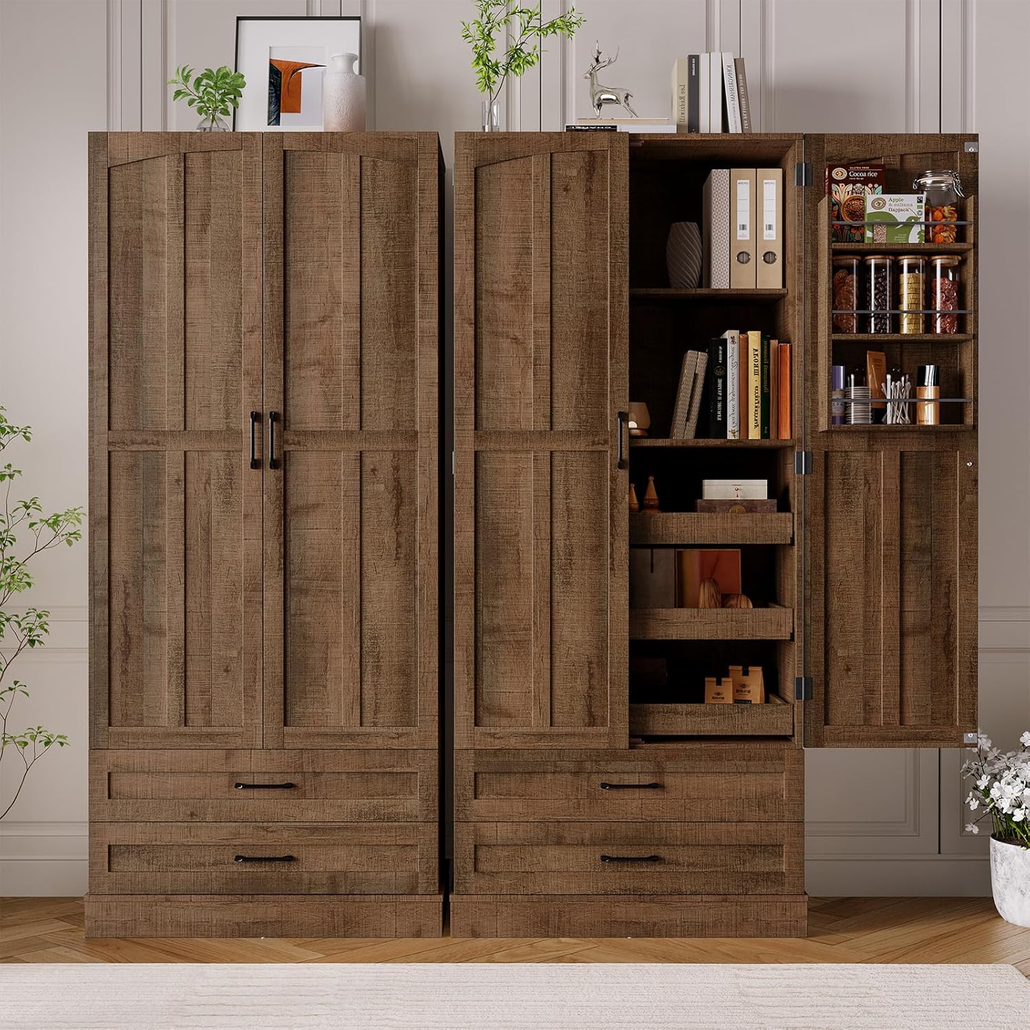 ONBRILL 71' Tall Farmhouse Kitchen Pantry Cabinet with 3 Pull Out Shelves & 2 Large Drawers, Pantry Storage Cabinet with 6 Door Shelf & Adjustable Shelf, Freestanding Cupboard for Kitchen, Dining Room