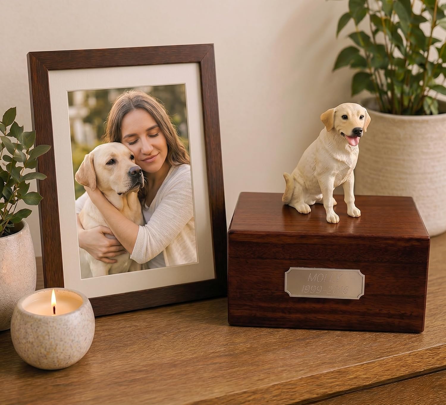 Wooden Dog Urn for Ashes with Yellow Labrador Retriever Figurine | Personalized Pet Memorial Urn with Pewter Engraving | Lab Dog Memorial Gift for Loss of Pet by Conversation Concepts
