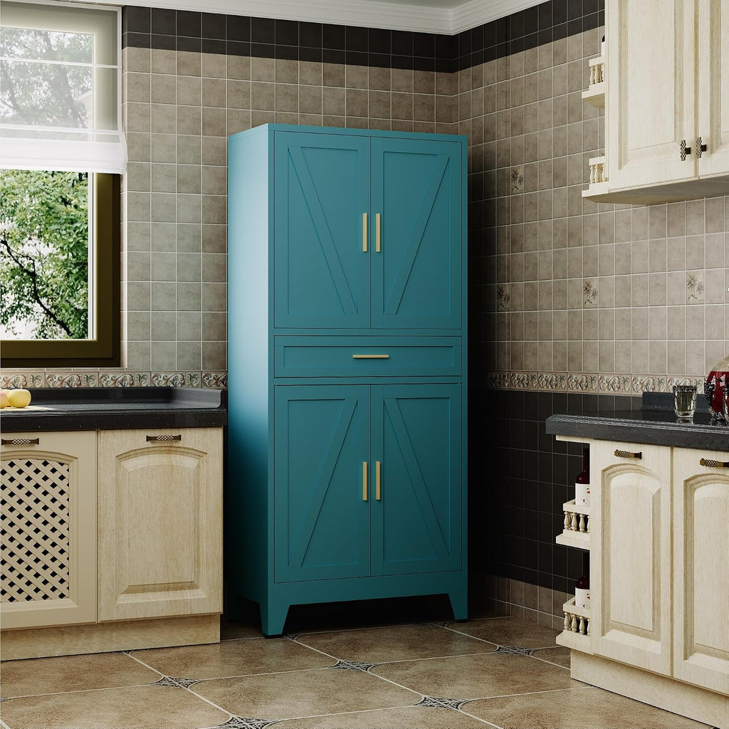 QINPTWUT 71' Farmhouse Pantry Cabinet in Blue, with 4 Doors & Center Drawer, Tall Food Cabinet with Adjustable Shelves, Freestanding Steel Cupboard for Kitchen, Dining Room, Pantry, Garage